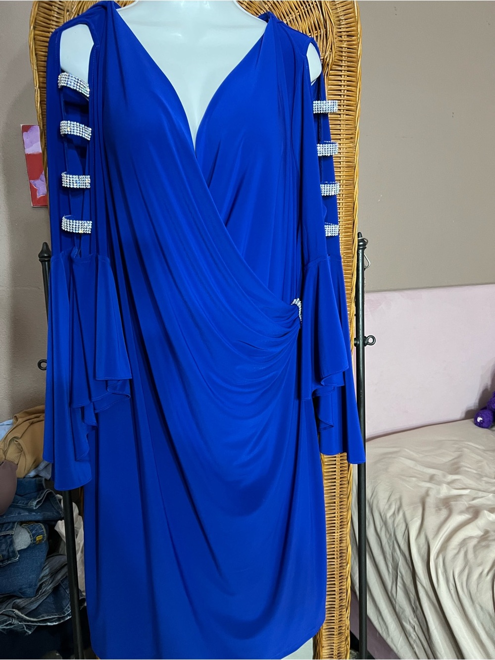 MENU Cobalt Blue Long Sleeve Draped Dress with Rhinestone Bands